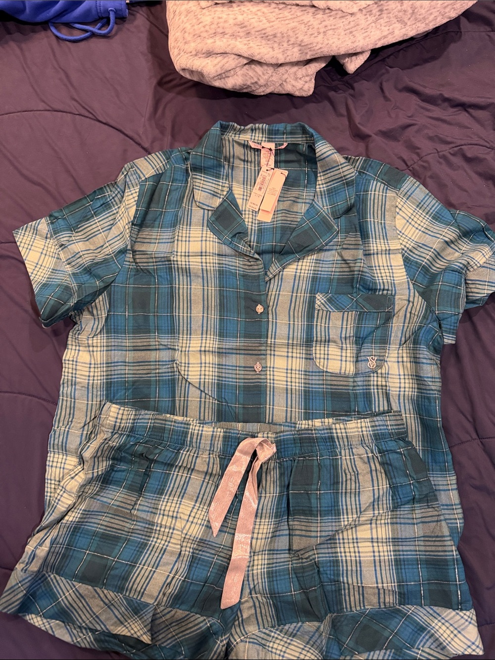Woman’s Plaid Short Pajama Set - Teal Blue